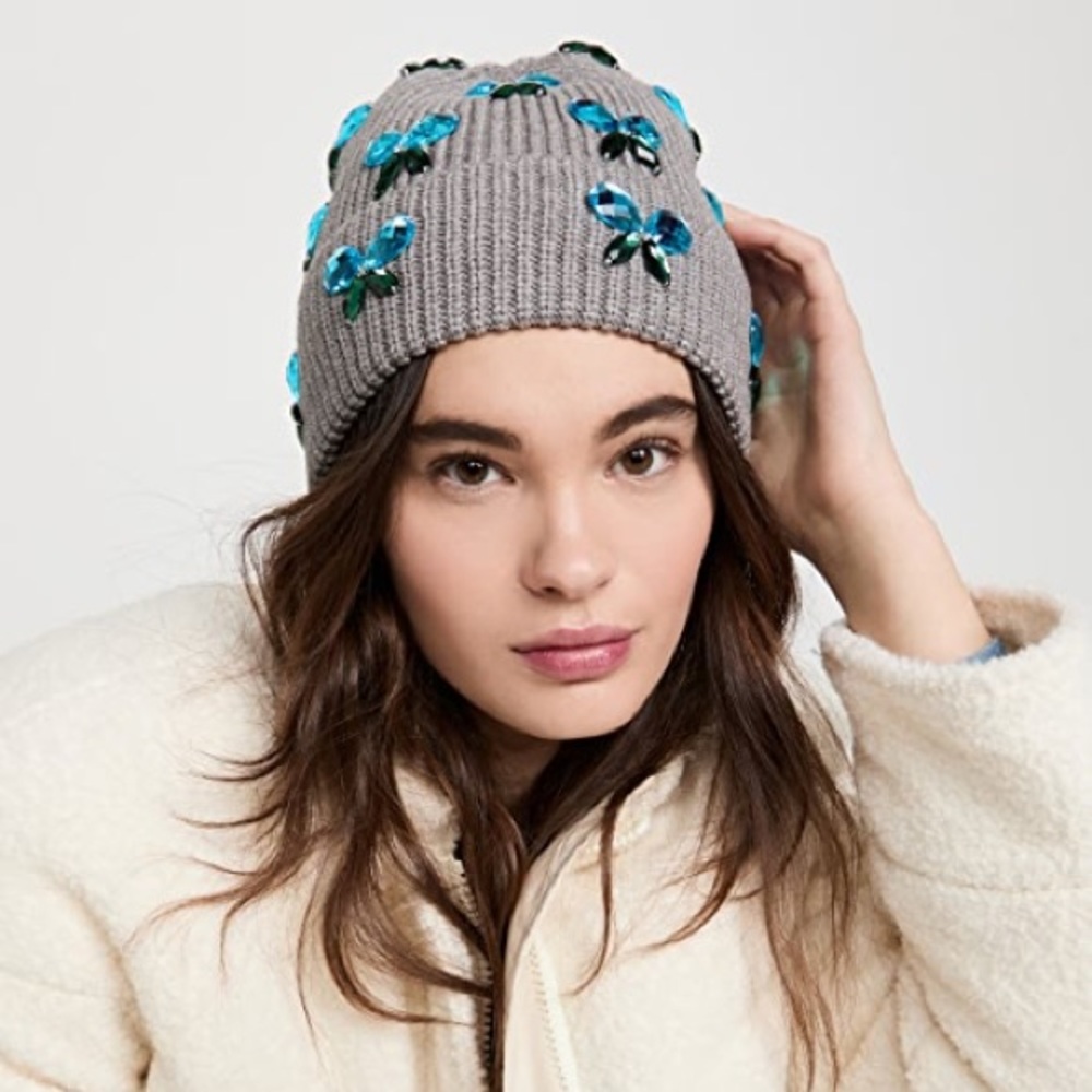 Lele Sadoughi Jeweled Butterfly Beanie Pigeon Gray NWT